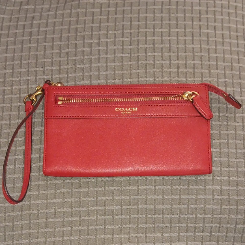 Coach Red Leather Clutch Wristlet with Gold Zipper